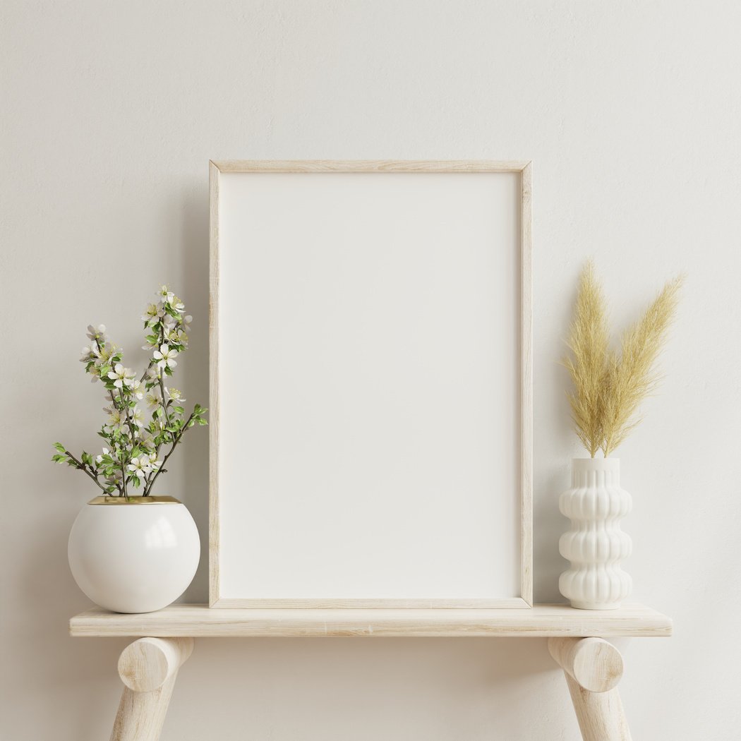 Poster Frame Mockup with Vases on a Shelf 